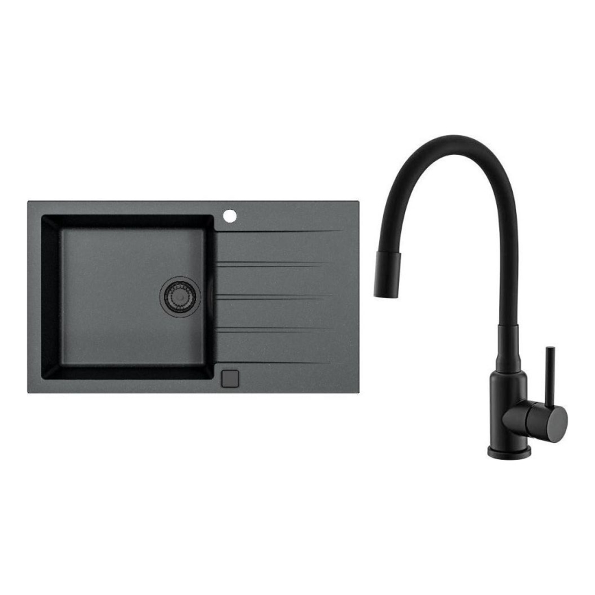 ALVEUS SETA23232 - Køkkenvask CADIT 86x50 cm + armatur med fleksibelt udtræk MINTAS 34 cm granit/mat sort