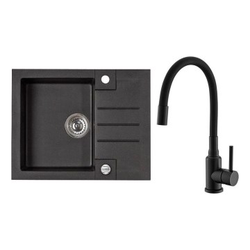 ALVEUS SETA23236 - Køkkenvask ROCK 59,5x47,5 cm + armatur med fleksibel tud MINTAS 34 cm granit/mat sort