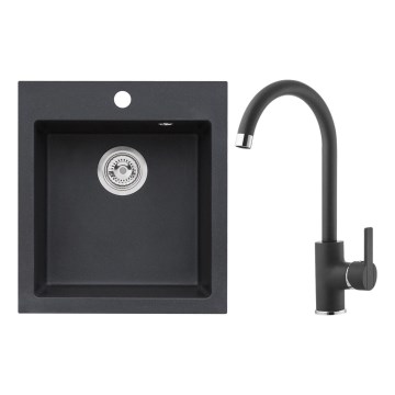 ALVEUS SETA737 - Køkkenvask CORTINA 50x45 cm + Bordvaskebatteri med fleksibel tud TONIA 29,5 cm granit/mat sort