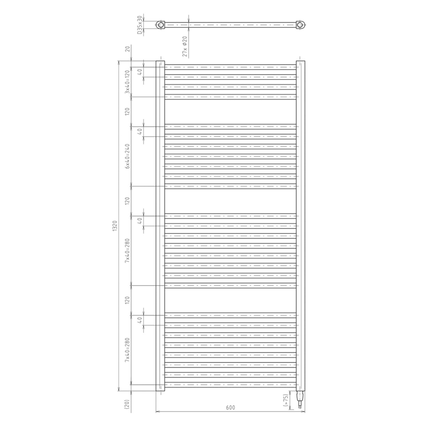 Aqualine - Elektrisk badeværelsesradiator DIRECT-E 600W 132x60 cm mat sort