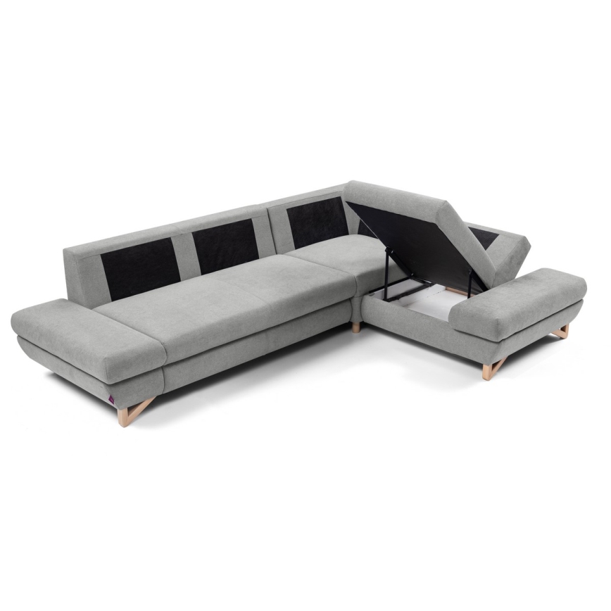 Udfoldelig polstret hjørnesofa i L-form med opbevaringsrum AVESTA, højrevendt, grå