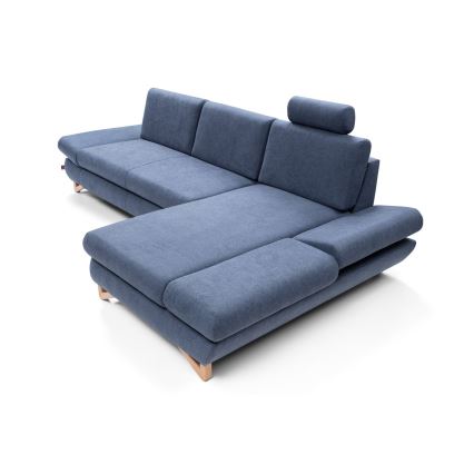 Udtrækbar polstret hjørnesofa i L-form med opbevaringsplads AVESTA, højrevendt, blå