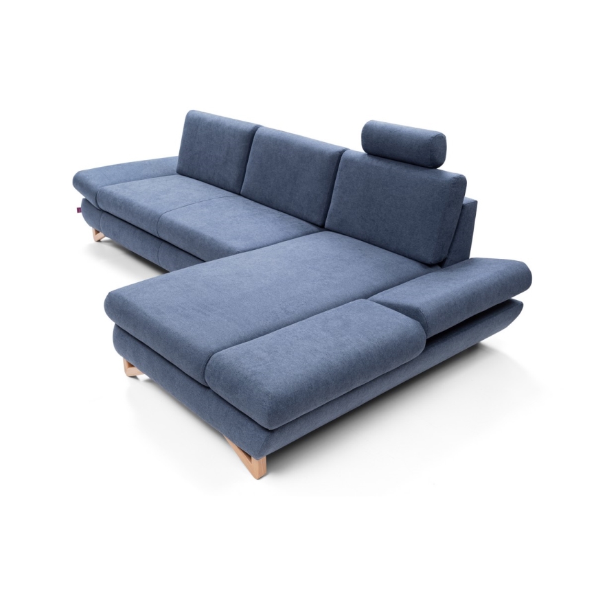 Udtrækbar polstret hjørnesofa i L-form med opbevaringsplads AVESTA, højrevendt, blå