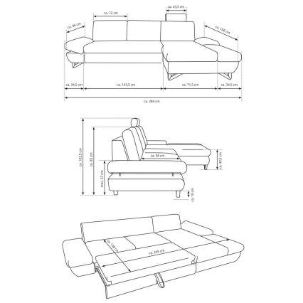 Udtrækbar polstret hjørnesofa i L-form med opbevaringsplads AVESTA, højrevendt, blå
