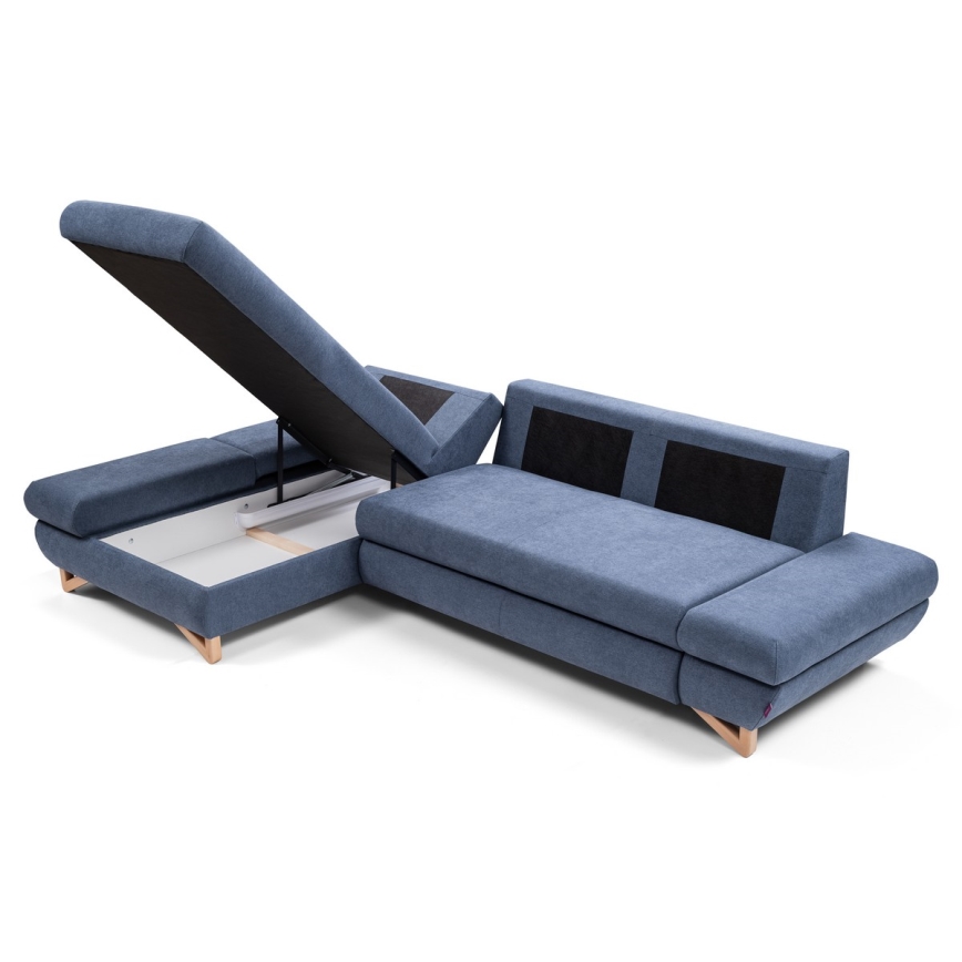 AVESTA polstret hjørnesofa i L-form med udtræksseng og opbevaringsrum, venstrevendt, blå