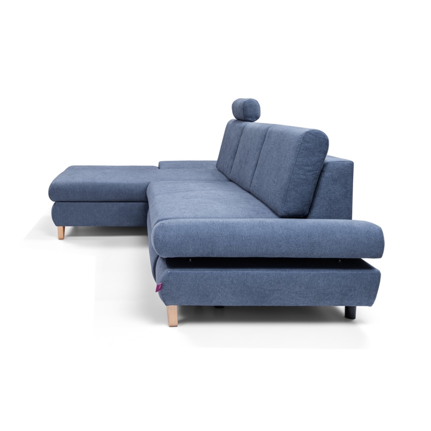 AVESTA polstret hjørnesofa i L-form med udtræksseng og opbevaringsrum, venstrevendt, blå