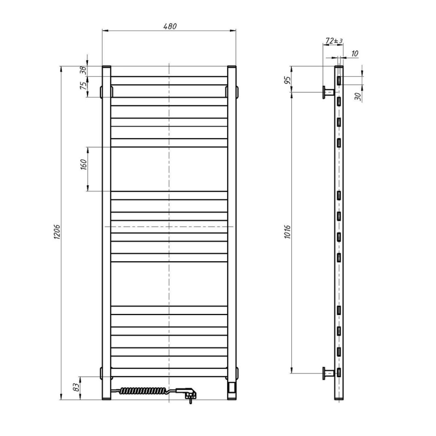 Badeværelses håndklædetørrer med termostat AVANGARD 227W 120x48cm, sort, højre