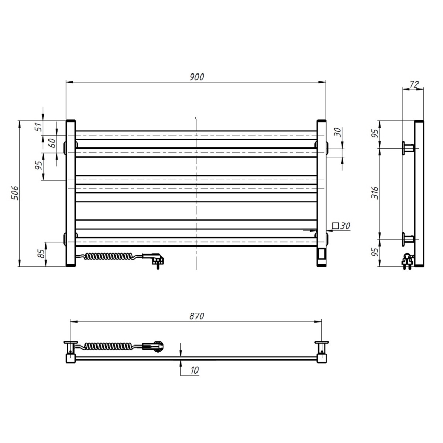 Badeværelses håndklædetørrer AVANGARD med termostat, 300W/230V, 50,6 cm, IP44, hvid, venstrevendt, kantet