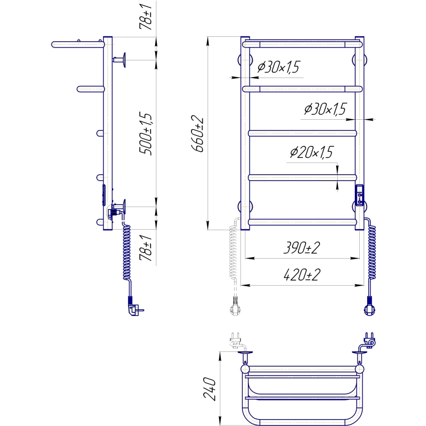 Badeværelses stigehåndklædetørrer HOTEL 75W/230V 66x42 cm, rustfrit stål/krom, højrevendt