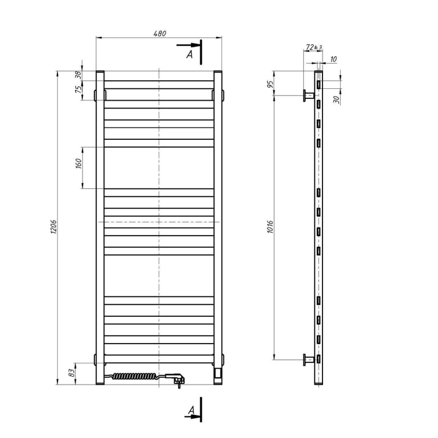 AVANGARD badeværelses håndklædetørrer med termostat 459W/230V 120,6 cm IP44 hvid, venstre, kantet