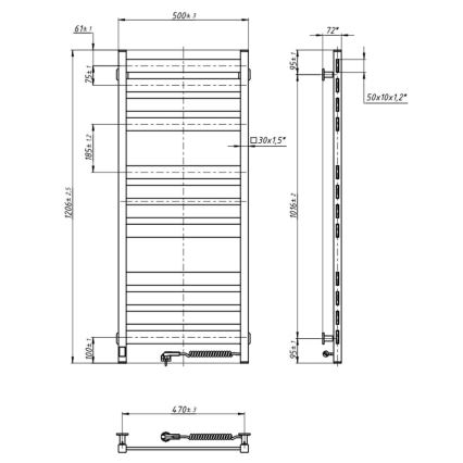 Badeværelseshåndklædetørrer med termostat LARGO 541W/230V 120,6 cm IP44 sort højre kantet