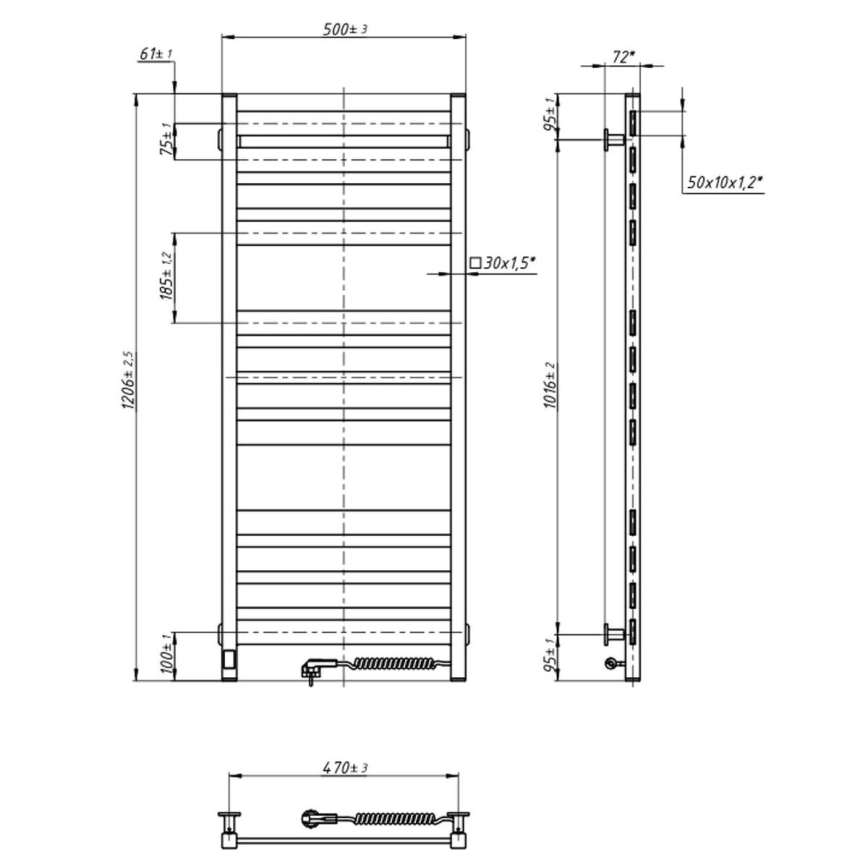 Badeværelseshåndklædetørrer med termostat LARGO 541W/230V 120,6 cm IP44 sort højre kantet