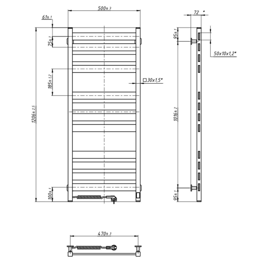 Håndklædetørrer (stigeradiator) med termostat LARGO 541W/230V 120,6 cm IP44, sort, venstrevendt, firkantet
