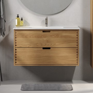 Badeværelsesskab med håndvask GRIBSKOV 100 cm beige/eg/hvid