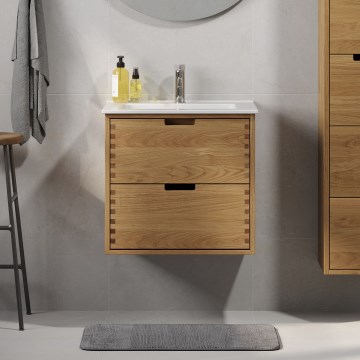 Badeværelsesskab med håndvask GRIBSKOV 60 cm beige/eg/hvid