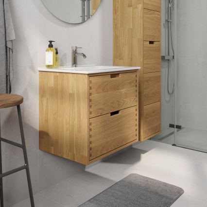 Badeværelsesskab med håndvask GRIBSKOV 60 cm beige/eg/hvid