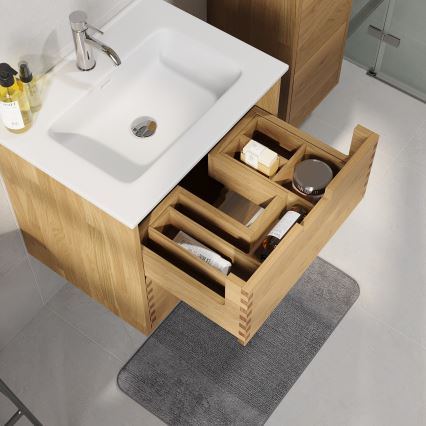 Badeværelsesskab med håndvask GRIBSKOV 60 cm beige/eg/hvid