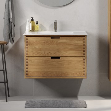 Badeværelsesskab med håndvask GRIBSKOV 80 cm beige/eg/hvid