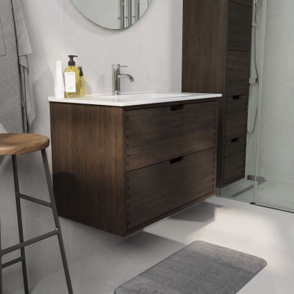 Badeværelsesskab med håndvask GRIBSKOV 80 cm brun/eg/hvid