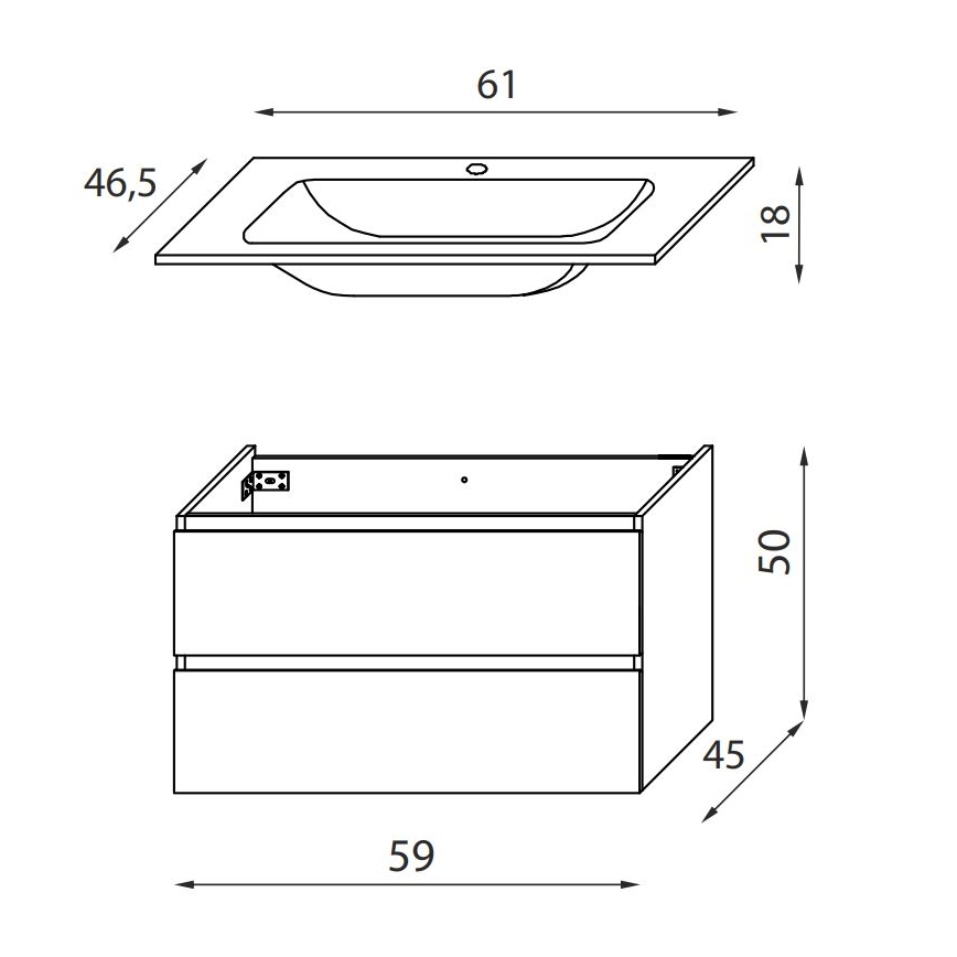 Badeværelsesskab med håndvask KENWOOD 61 cm, egetræ/hvid