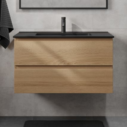 Badeværelsesskab med håndvask KENWOOD 91 cm, eg/sort