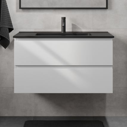 Badeværelsesskab med håndvask KENWOOD 91 cm hvid/sort