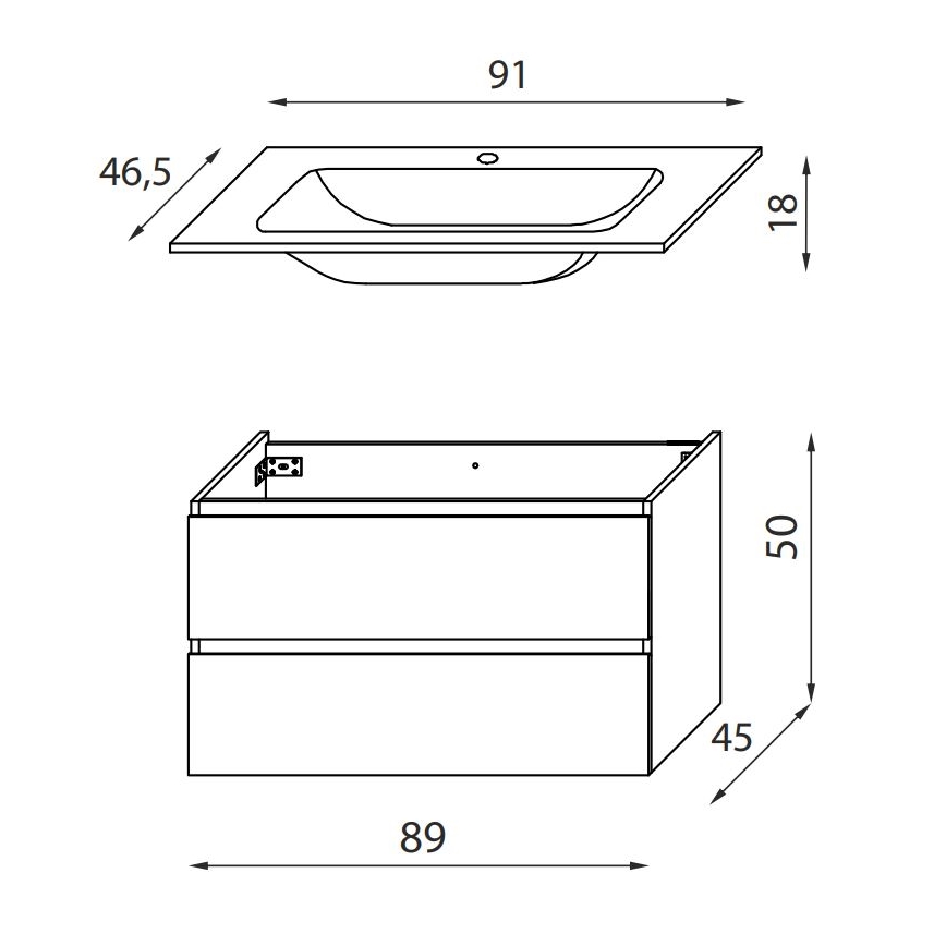 Badeværelsesskab med håndvask KENWOOD 91 cm i egetræ
