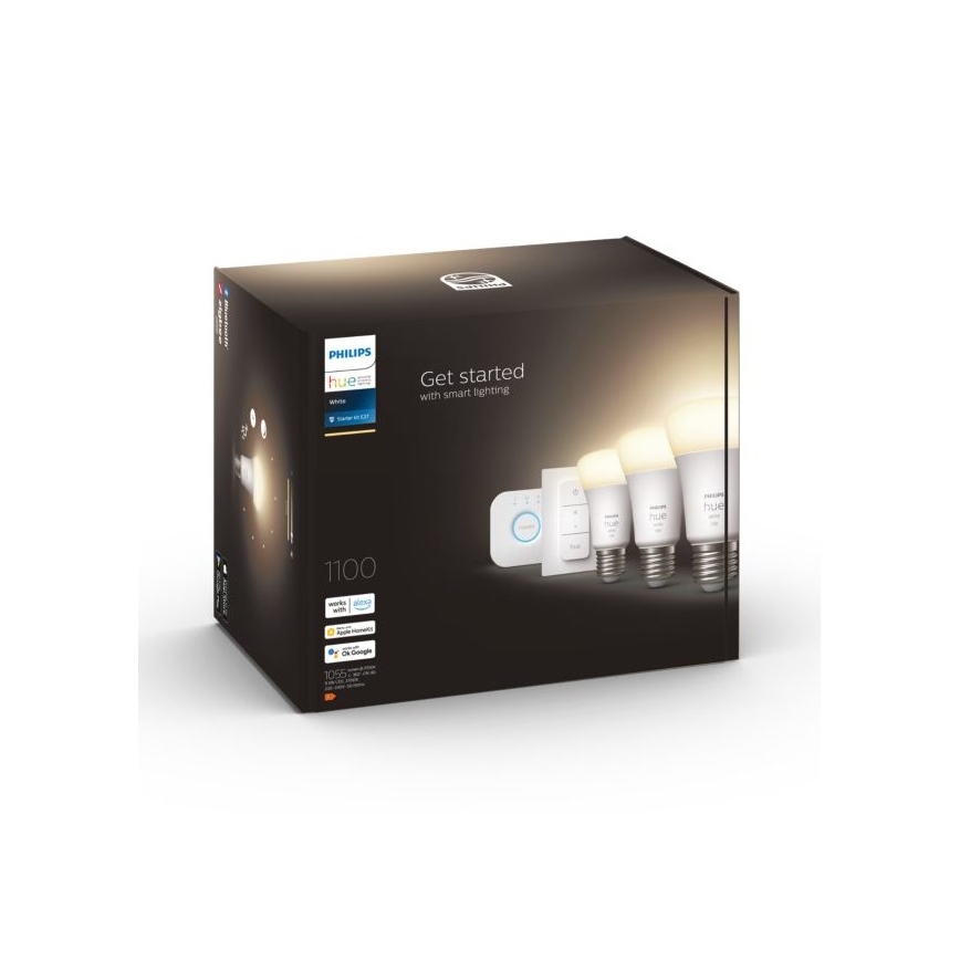 Basissæt Philips Hue WHITE 3xE27/9,5W 2700K + Hue Bridge og dimmer-switch