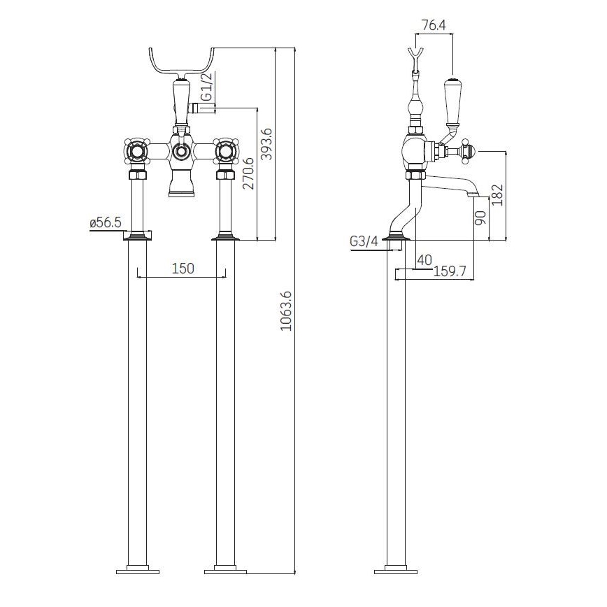 BATH DELUXE 28-108-01-60-00 - Fritstående badesæt med hane AEROSKOBING 106,3 cm skinnende krom