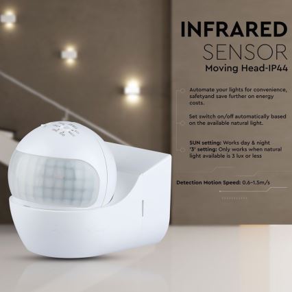 Bevægelsessensor PIR 180° 800W/230V IP44 hvid