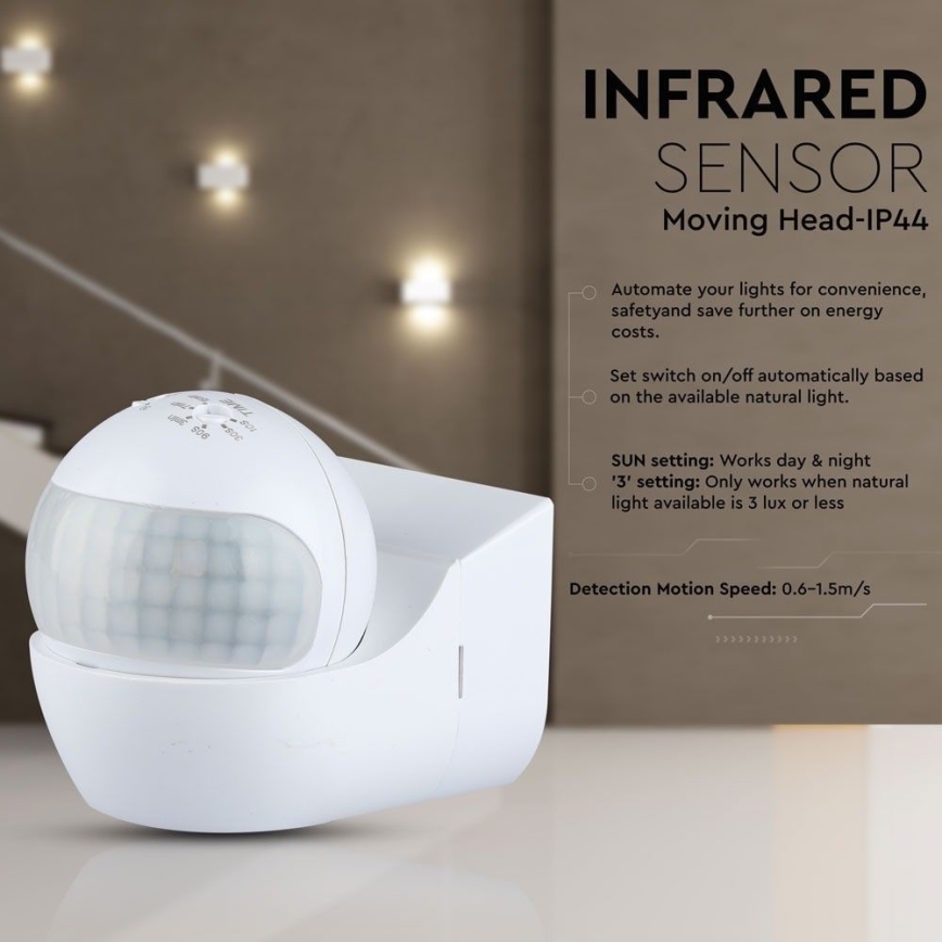 Bevægelsessensor PIR 180° 800W/230V IP44 hvid