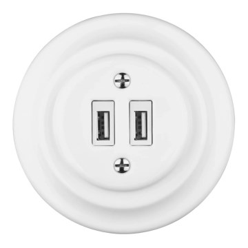 Bohemia-Design - Porcelæns-retro USB-udtag med ramme, 2x USB-A, hvid