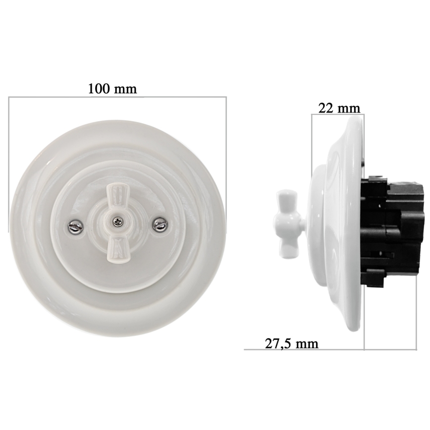 Bohemia-Design - Retro porcelæns drejekontakt med ramme nr. 7, hvid
