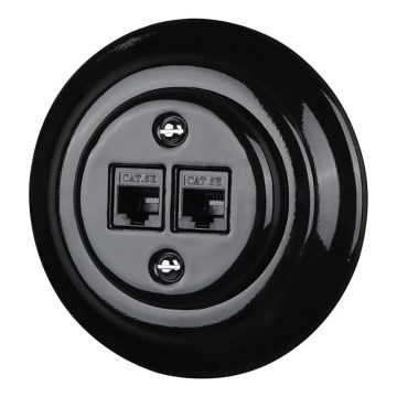 Bohemia-Design - Retro porcelæns Ethernet-udtag med ramme, 2x CAT5e, sort