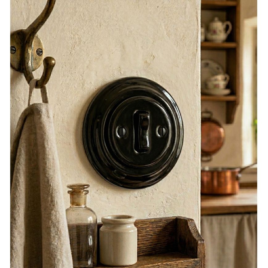 Bohemia-Design - Retro ringeknap i porcelæn med ramme, sort