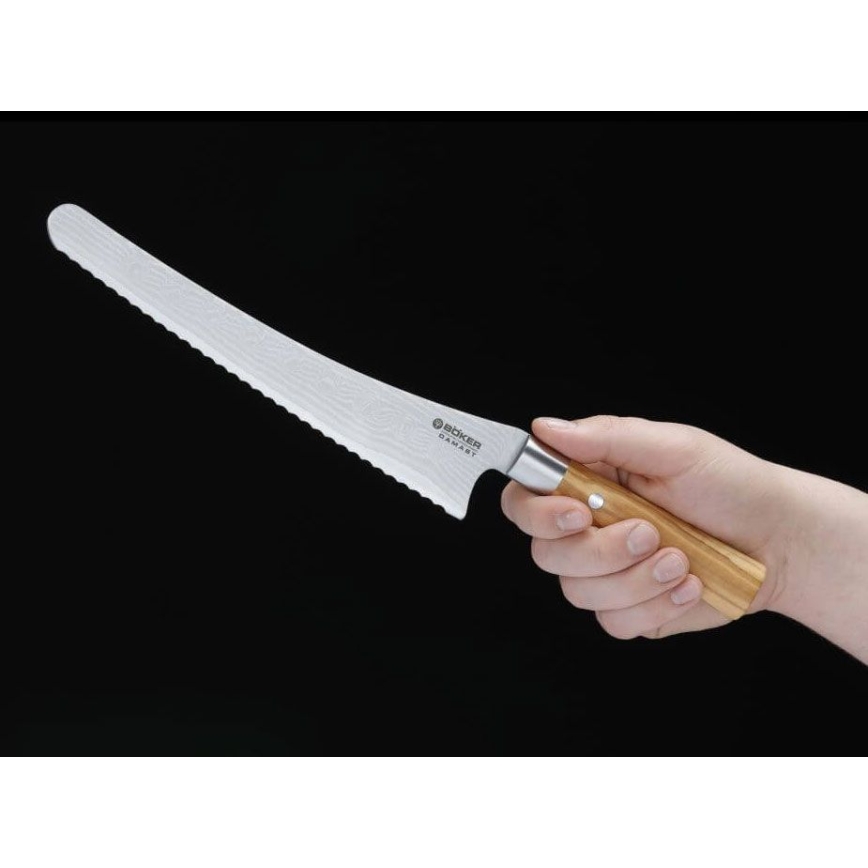 Böker - Brødkniv i damaskusstål DAMAST OLIVE 23,5 cm oliventræ