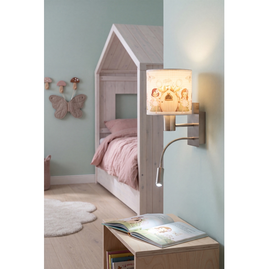 Brilagi - LED fleksibel væglampe til børn BOBO 1xE27/25W/230V + LED/3W mat krom/hvid/lyserød/feer