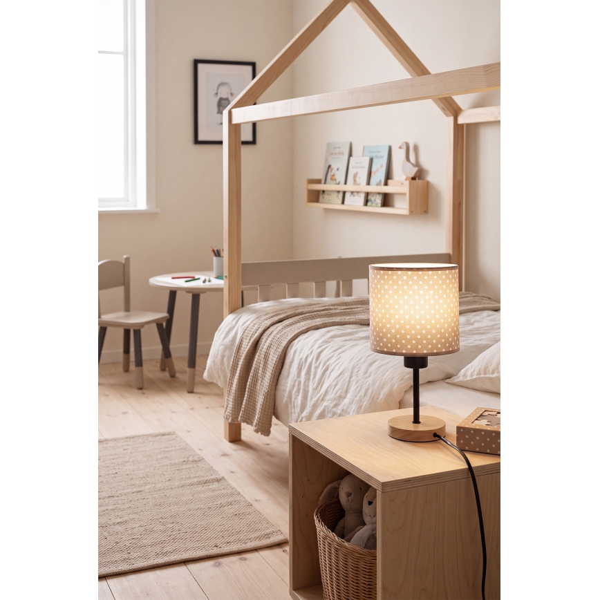 Brilagi - Børnebordlampe BOBO WOOD 1xE27/25W/230V egetræ/sort/beige/med prikker