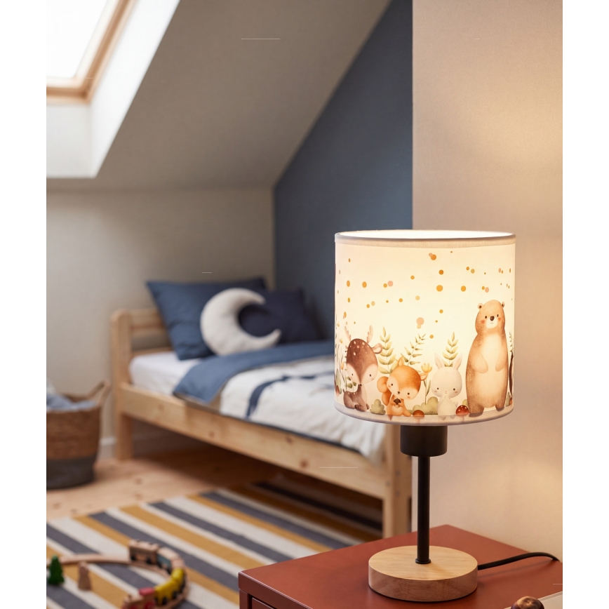 Brilagi - Børnebordlampe BOBO WOOD 1xE27/25W/230V eg/sort/hvid/med dyremotiv