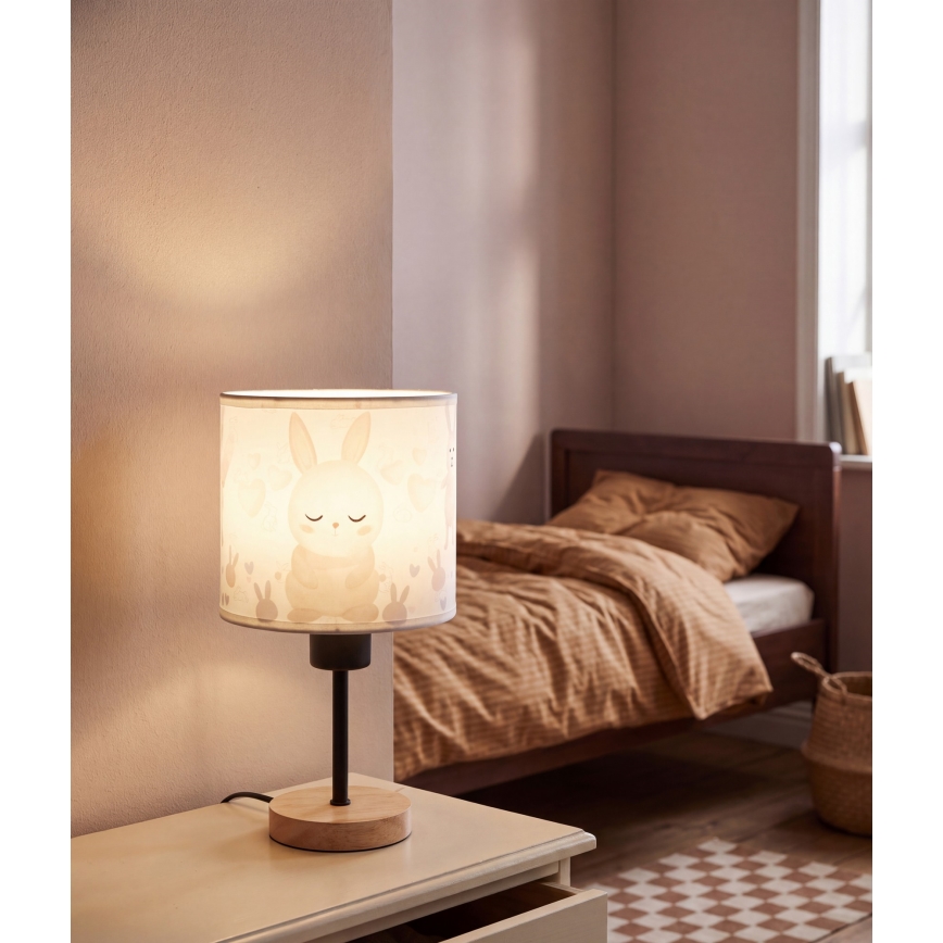 Brilagi - BOBO WOOD børnebordlampe 1xE27/25W/230V eg/sort/hvid, med kaninmotiv