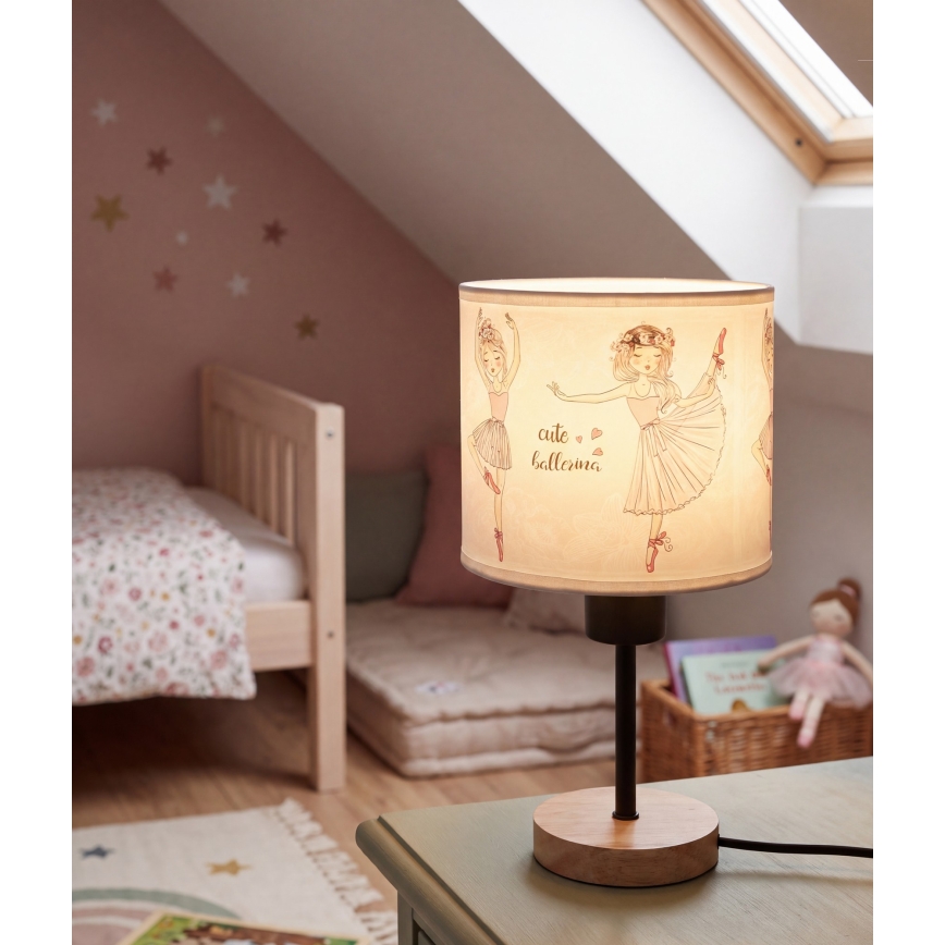 Brilagi - Børnebordlampe BOBO WOOD 1xE27/25W/230V eg/sort/hvid/lyserød/ballerinaer
