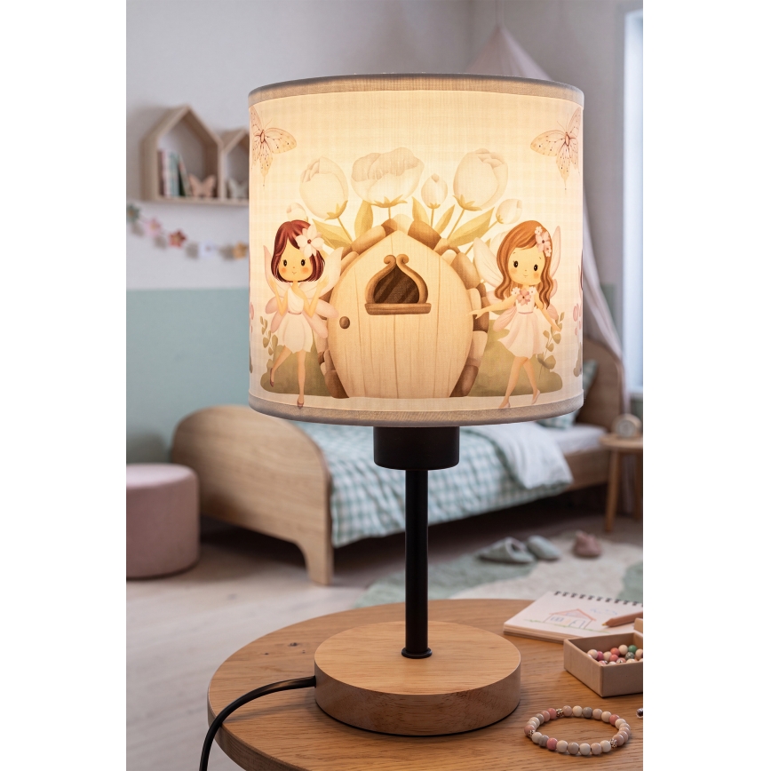 Brilagi - Børnebordlampe BOBO WOOD 1xE27/25W/230V eg/sort/hvid/lyserød/feer