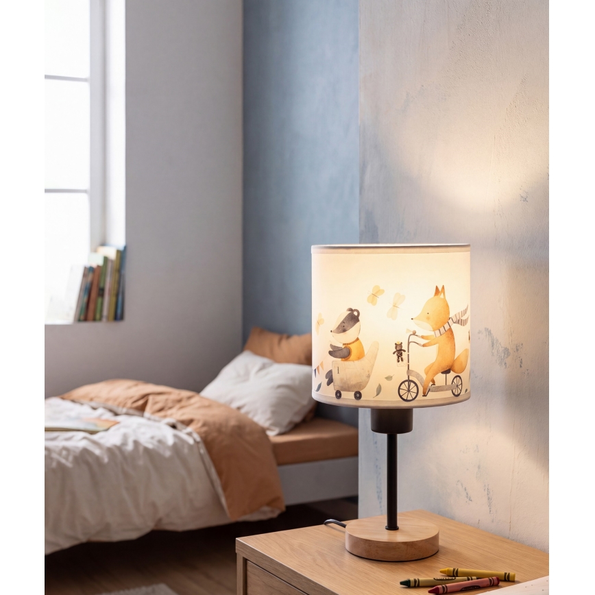 Brilagi - Børnebordlampe BOBO WOOD 1xE27/25W/230V eg/sort/hvid/med dyremotiver
