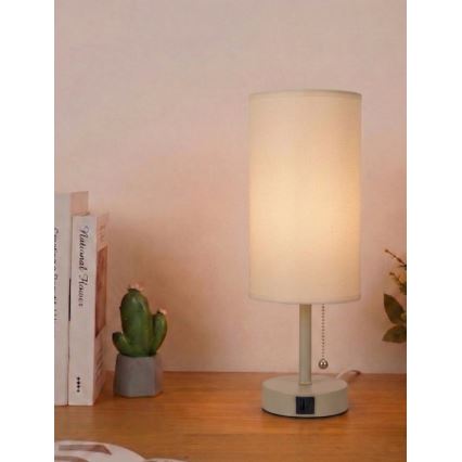 Brilagi - Bordlampe med USB-port TABLON 1xE27/25W/230V beige/cremefarvet