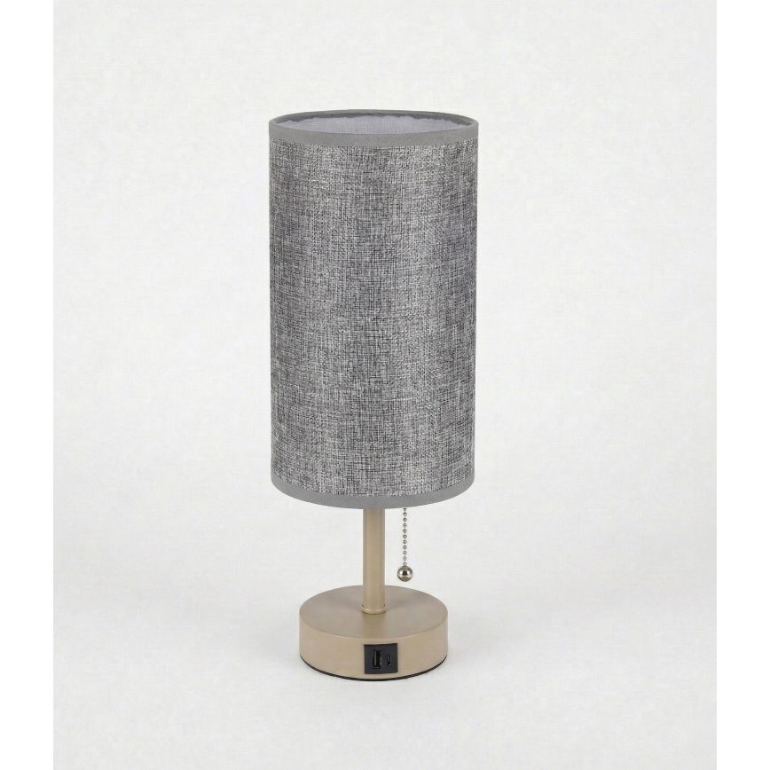 Brilagi - Bordlampe med USB-port TABLON 1xE27/25W/230V beige/grå