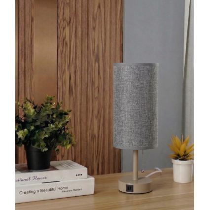 Brilagi - Bordlampe med USB-port TABLON 1xE27/25W/230V beige/grå