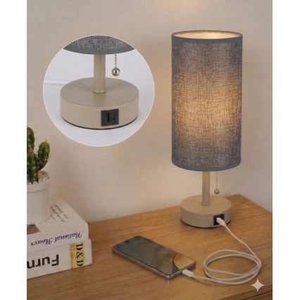 Brilagi - Bordlampe med USB-port TABLON 1xE27/25W/230V beige/grå