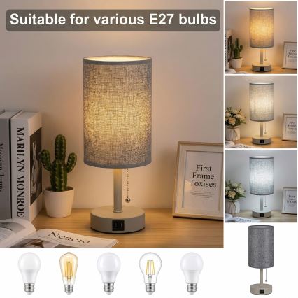 Brilagi - Bordlampe med USB-port TABLON 1xE27/25W/230V beige/grå