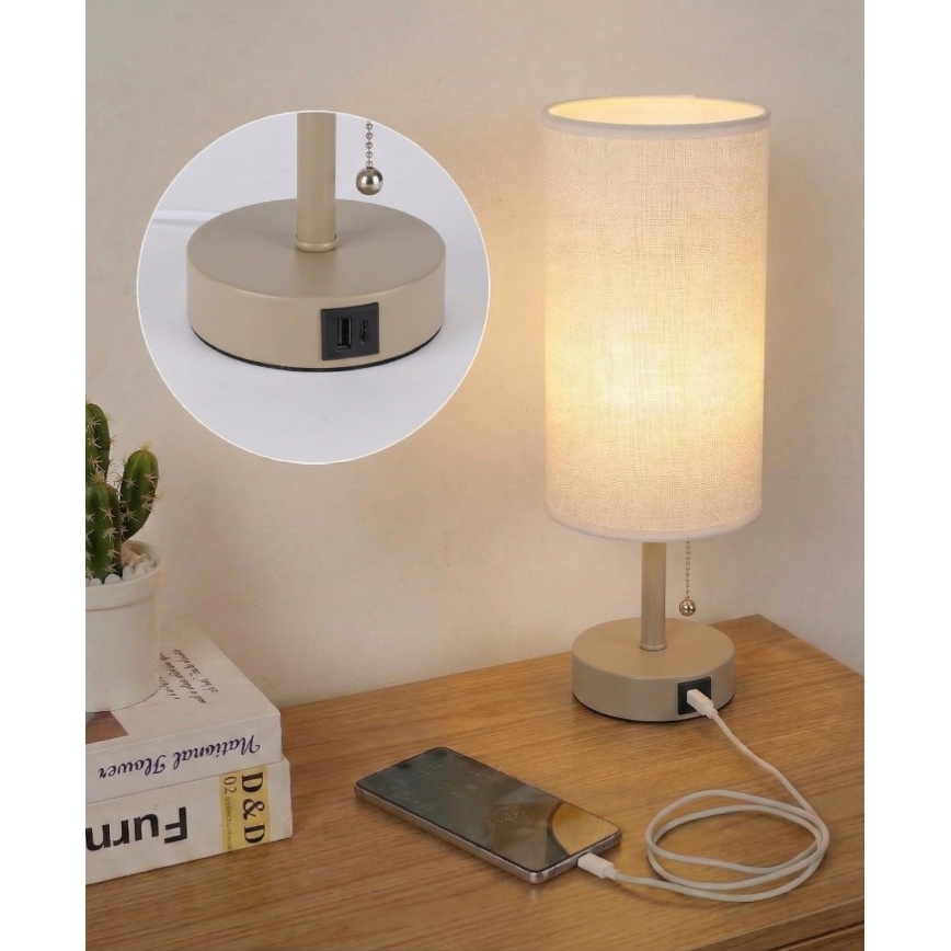 Brilagi - Bordlampe med USB-port TABLON 1xE27/25W/230V beige/hvid