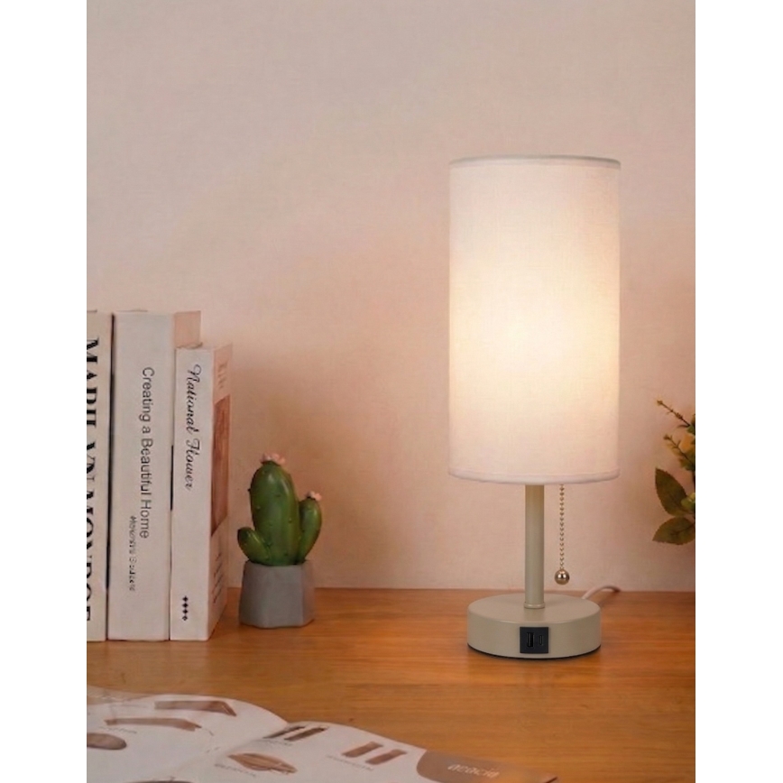 Brilagi - Bordlampe med USB-port TABLON 1xE27/25W/230V beige/hvid